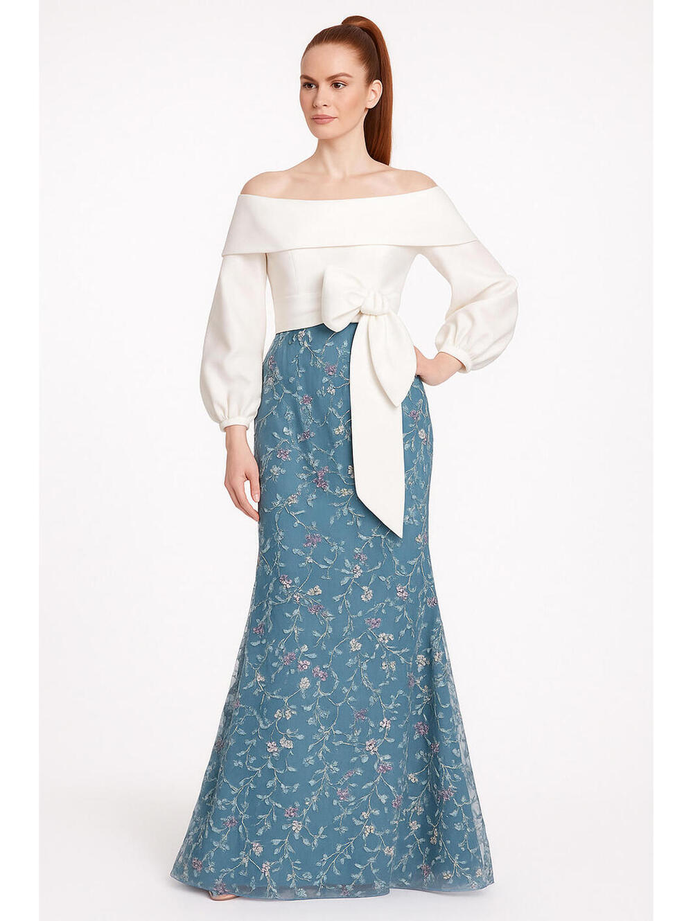 Badgley Mischka Runway Ivory Blue Combo Gown Off Shoulder Long Sleeve sz 4